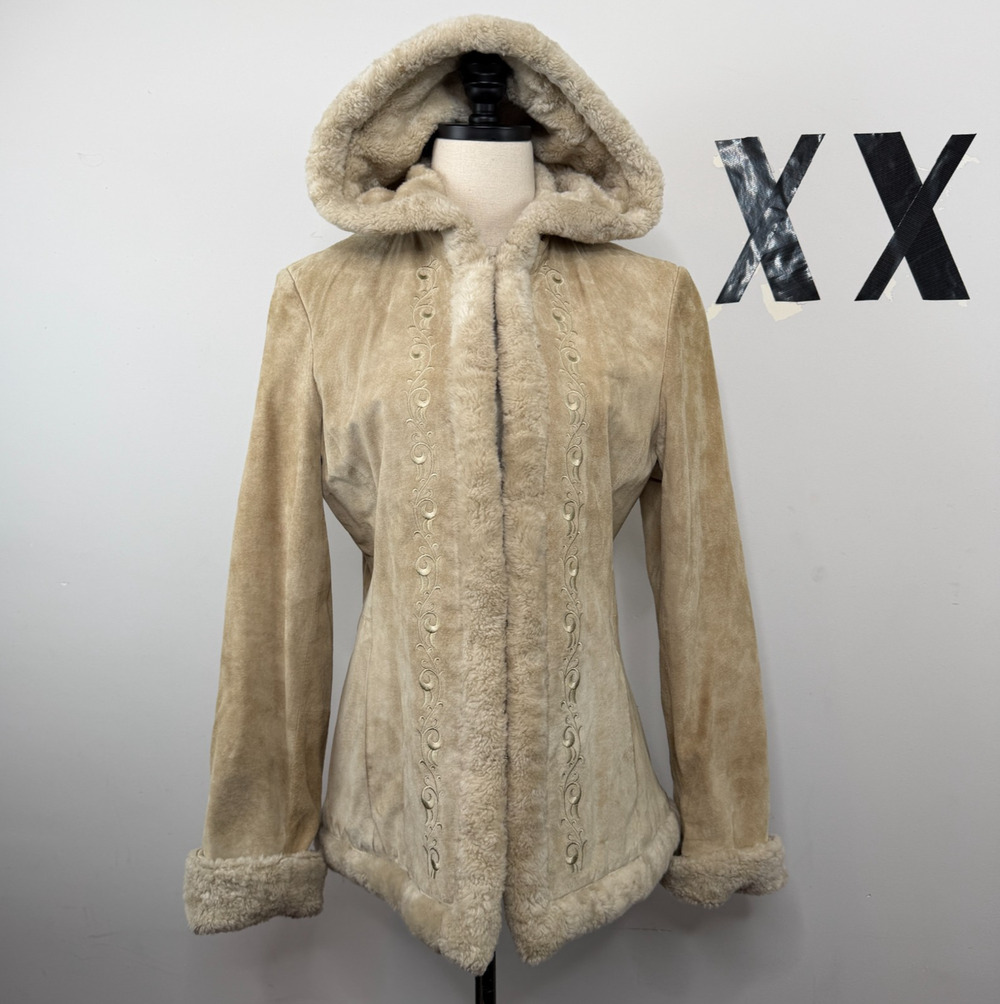 Vintage 90s Esprit Sand Suede Embroidered Faux Fur Hooded Penny Lane Jacket M